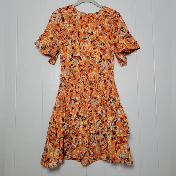 NWT Aerie Smocked Waist Mini Dress Orange Floral Tiered Ruffle Hem 100% Cotton M - Picture 12 of 16